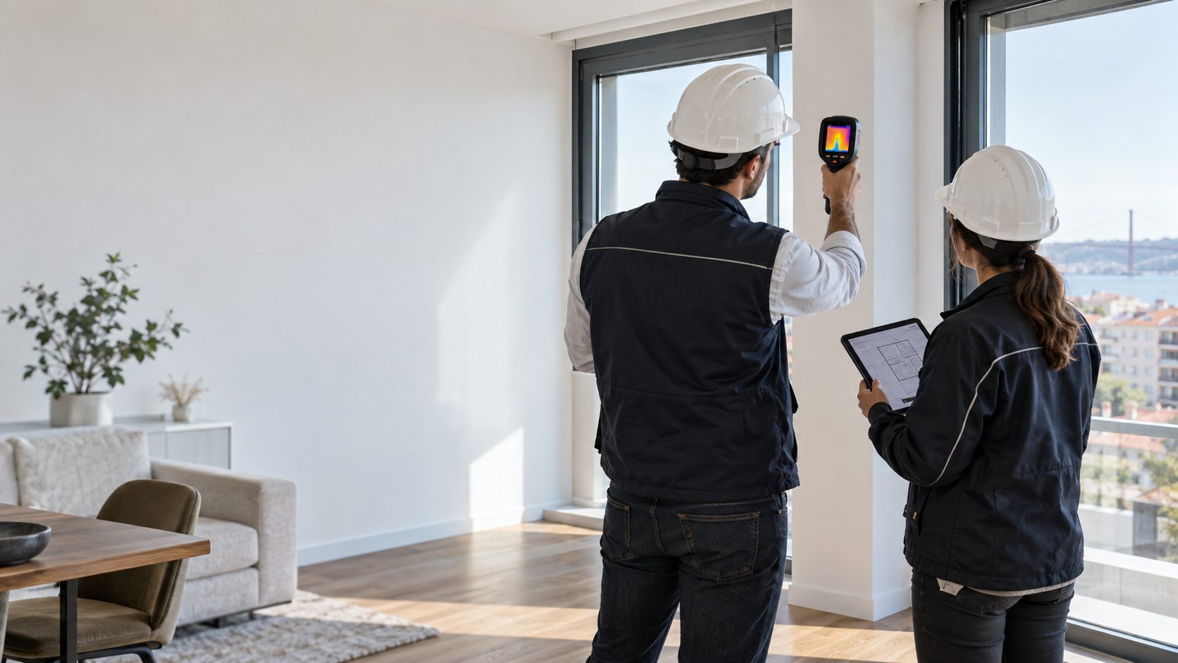 Dois técnicos a realizar uma inspeção com câmara termográfica e tablet num apartamento